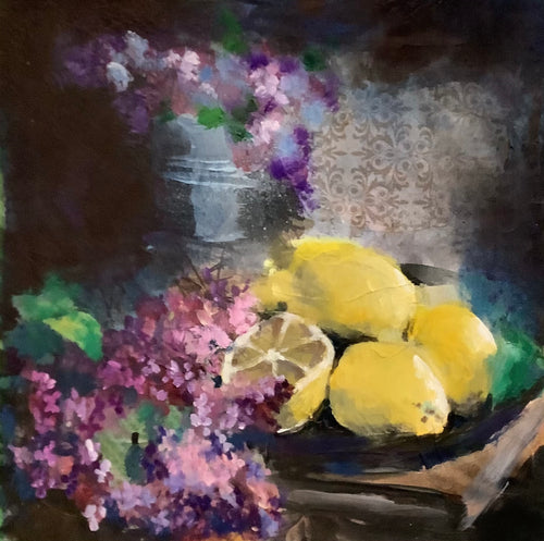 “Lilacs and Lemons” oil painting on paper