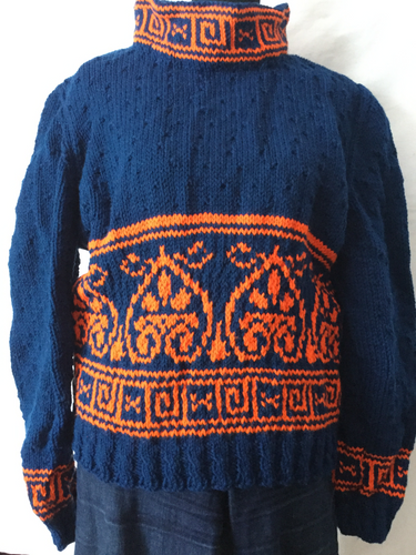 royal blue pullover with orange greek key design